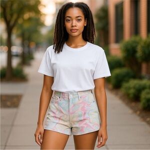 Zara High Rise Cut Off Denim Marble Print Jean Shorts Size 2 Button Fly Raw Hem